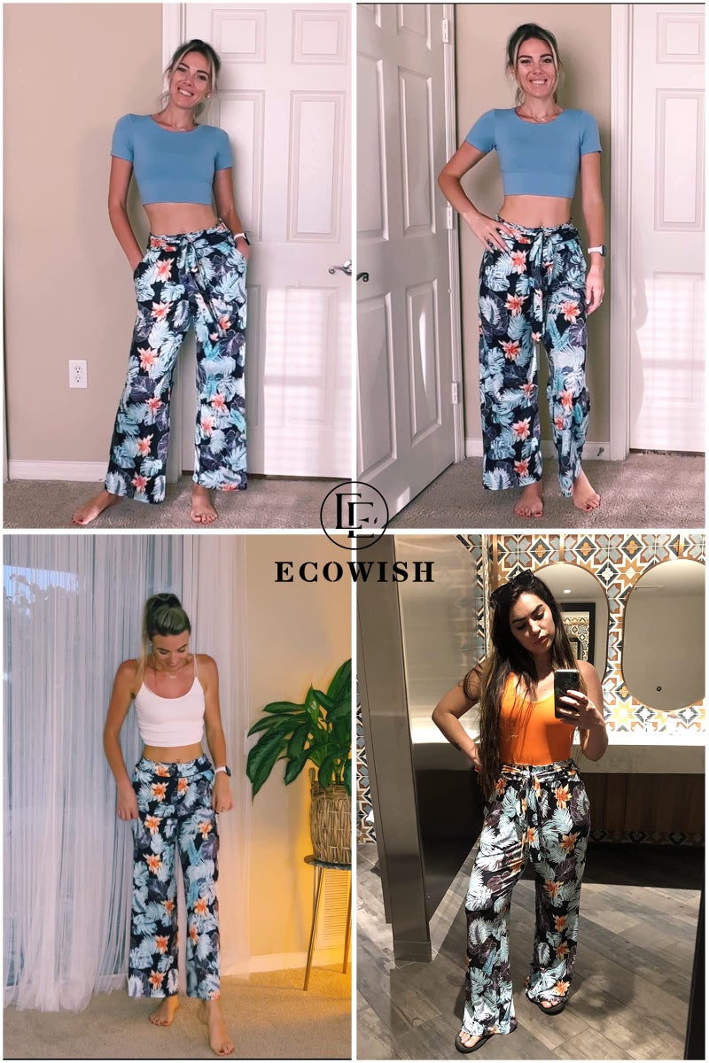 ECOWISH Wide Leg Pants for Women Summer 2025 Palazzo Tropical Floral Belted Casual Lightweight High Waist Flared Trousers with Pockets Black Large - Image 4